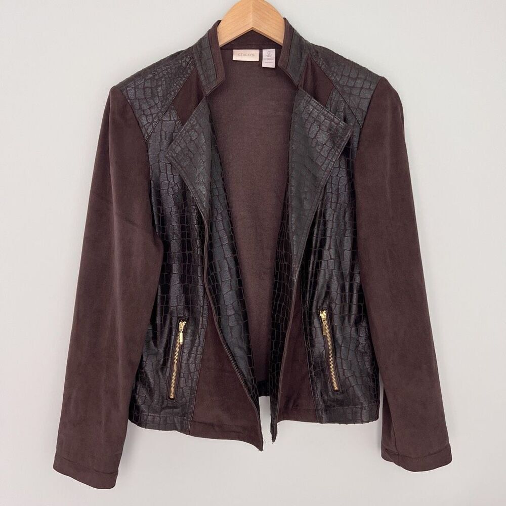 Chico’s Size 0 (XS) Brown Faux Crocodile Faux Suede Open‎ Front Cardigan Jacket